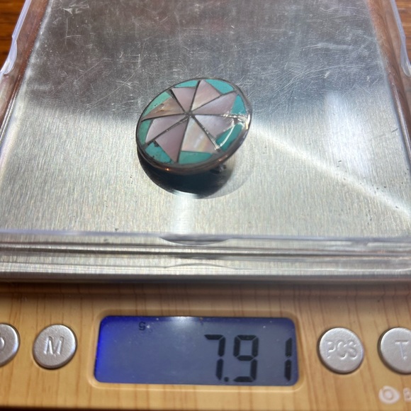Signed Native Sterling Silver Mother of Pearl Turquoise Pinwheel Zuni Inlay 925 - Picture 8 of 8